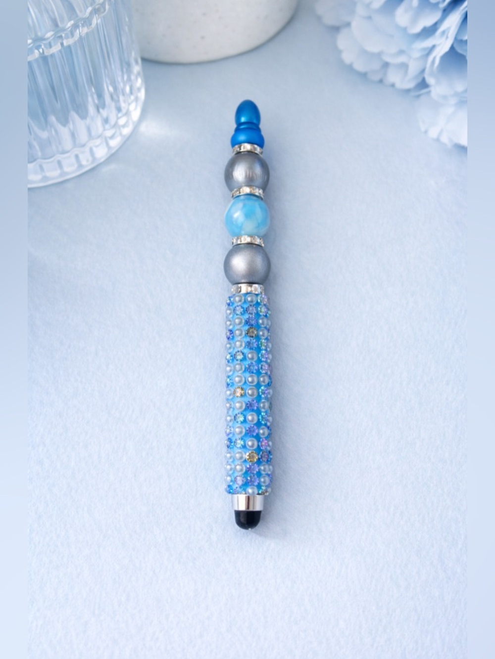 Handmade Blue Silver Beaded Stylus | Rhinestone Bling Touch Pen